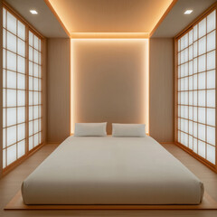 Poster - Minimalist bedroom design with natural light, warm tones, and modern Japanese aesthetics