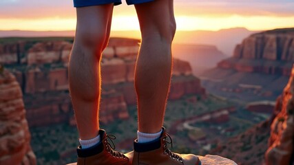 Poster - Hiking boot stands on rock outcropping overlooking canyon landscape during golden hour light with hiking adventure vibe