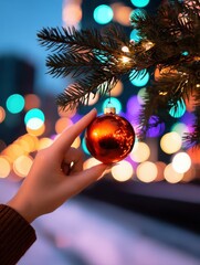 Poster - Hand placing a red ornament on a decorated Christmas tree in a vibrant urban setting at dusk