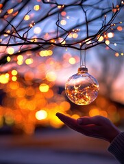 Poster - Hand reaching for a glowing ornament hanging from a tree branch amidst a festive background