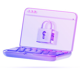 Poster - 3d glass holographic laptop screen with lock render icon. Privacy, personal data protection concept. Internet cyber security, protect confidential information, computer access secure. 3D illustration