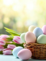 Poster - Pastel Easter eggs in a woven basket surrounded by vibrant tulips on a soft-focus background