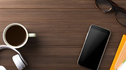 Poster - A cozy workspace featuring a smartphone, coffee cup, headphones, and stationery on a wooden desk