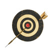 © Anik - Dartboard, Close up shot of the dart arrow hit on bulleyes of dartboard to represent that the business reached the target of company with dark tone picture style.