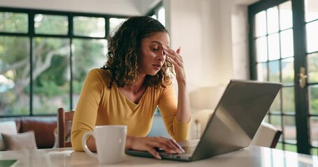 Poster - Burnout, freelancer and woman with laptop, home and video editor with headache for workload or tech. Creative, remote work and person with stress for deadline, tired and migraine for project on web