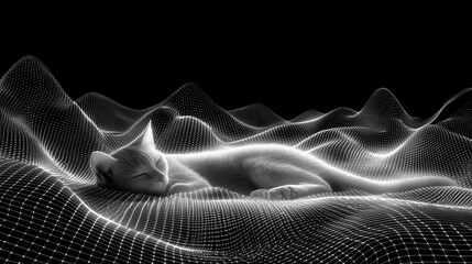 Poster -  Sleeping cat in a digital landscape abstract 3d art black and white tranquil environment artistic viewpoint
