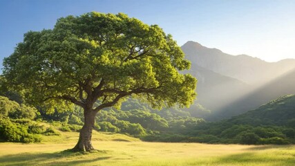 Poster - Majestic Solitary Tree Landscape: A single, vibrant tree stands proudly against a scenic backdrop of rolling hills and distant mountains in the soft, radiant light of sunrise.