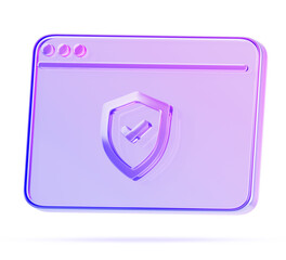 Poster - Glass holographic browser window with shield 3d render icon. SSL encryption, digital website security certificate, safety internet technology, protect network data and computer system. 3D illustration
