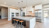 Sleek minimalist kitchen featuring integrated appliances, spacious island with storage and seating, smooth cabinetry, high-end finishes