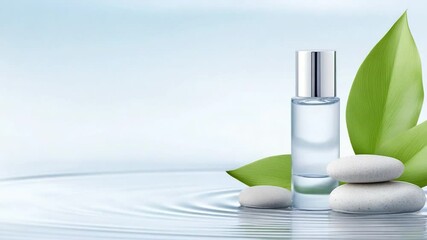 Aufkleber - Serene Essence: A minimalist composition of a sleek fragrance bottle, nestled among smooth stones and vibrant green leaves, symbolizing purity and tranquility.