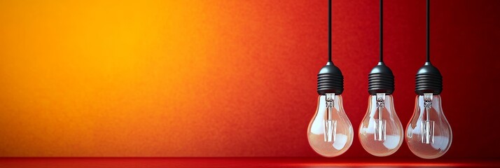 Poster - Creative Concepts With Hanging Light Bulbs Illuminating Ideas On Warm Red And Yellow Backgrounds