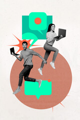 Aufkleber - Vertical sketch 3d artwork collage poster of two happy girl guy business partners run laptop correspondence chat message speech