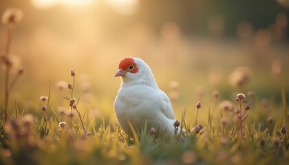 white bird with red head sitting in grassy field at golden hour