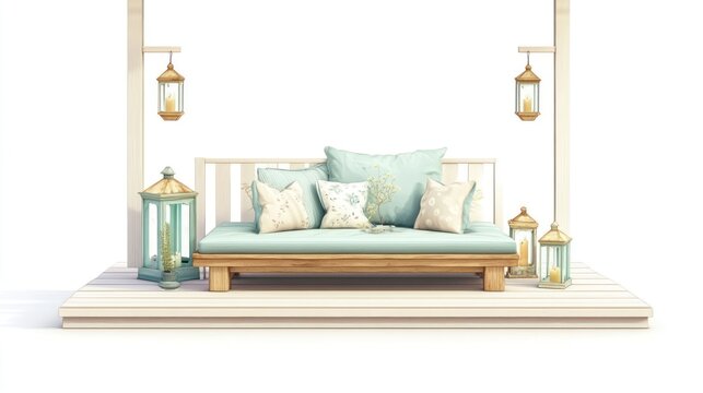 Outdoor scene with cushions, lanterns, and a wooden platform set against a white backdrop