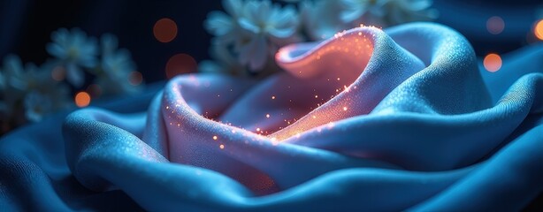 Wall Mural - Blue fabric with a white flower on it. The flower is lit up with a bright light