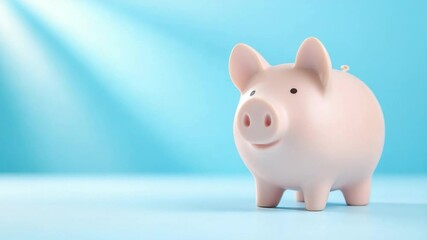Poster - Saving with Piggy Bank: a charming pink piggy bank, symbolizing financial security and diligent saving habits, stands against a clear blue backdrop illuminated by ethereal light