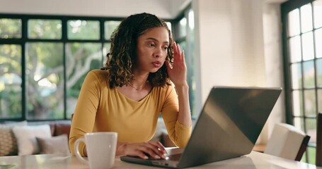 Poster - Home, creative and woman with laptop, stress and nervous for mistake on website, tired and headache. Thinking, freelancer and person with anxiety for project, writer or migraine for deadline in house