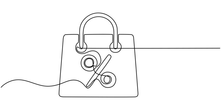 Shopping Spree Continuous Line Editable Stroke Line, Continuous Line Drawing of Garage Sale Icon. Hand Drawn Symbol Vector Illustration, Shopping Bag with Percent Sign continuous one line drawing
