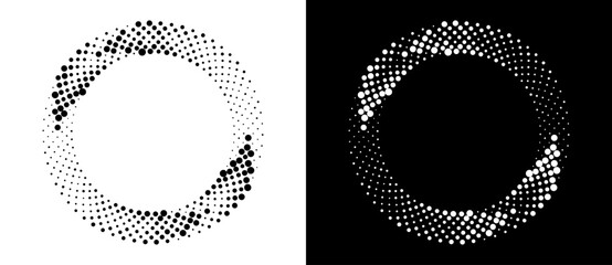 Poster - Circle abstract background with dynamic halftone dots like arrows. Black shape on a white background and the same white shape on the black side.