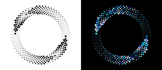 Poster - Circle abstract background with dynamic halftone dots like arrows. Black shape on a white background and the same color shape on the black side.