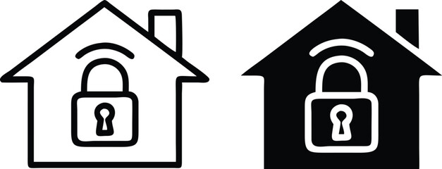 Poster - Minimalist Line Art Home Security Icon with Padlock Inside House Outline