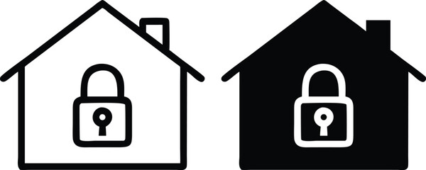 Poster - Minimalist Line Art Home Security Icon with Padlock Inside House Outline