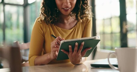 Poster - Happy, employee and woman with tablet, home and web designer with stylus for project or remote work. Online, graphic design and person with tech for logo, creative and smile for assignment in house