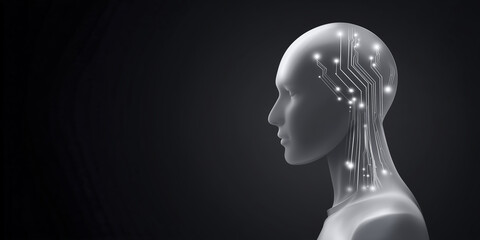 Poster - Futuristic humanoid figure with glowing circuit patterns on the neck, set against a dark background, symbolizing the intersection of technology and human intelligence in modern design