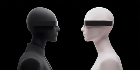 Poster - Two futuristic mannequins, one black and one white, face each other with sleek eyewear, showcasing modern design and contrasting aesthetics in a minimalist setting