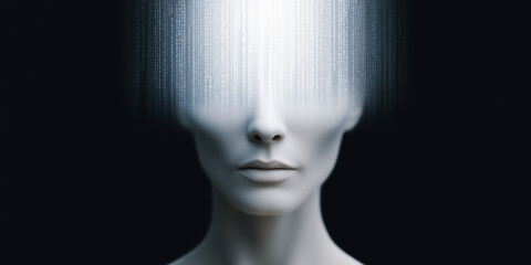 Poster - Futuristic humanoid figure with a smooth, featureless face, emanating streams of digital data, representing the intersection of technology and human identity in a dark, abstract environment