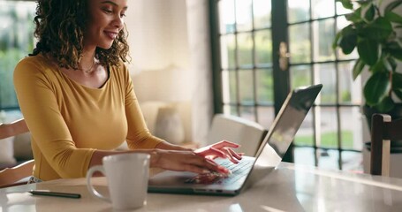 Poster - Happy woman, journalist and typing with coffee on laptop for research or online business at home. Female person, journalism or copywriter in remote work on computer for news article or email at house