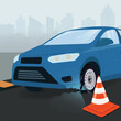 © Dede - Blue car flat tire with traffic cone graphic design illustration