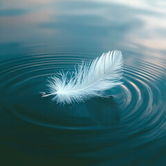 Poster - White feather floating gently on calm water, creating soft ripples and peaceful, serene atmosphere