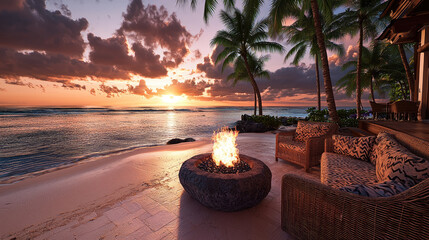 Aufkleber - Tropical beachfront patio with wicker sofa, fire pit, palm trees, and ocean view at sunset, peaceful atmosphere