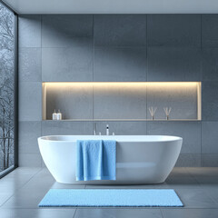 Aufkleber - Minimalist luxury bathroom with modern freestanding bathtub, blue towel, and soft lighting for calm atmosphere