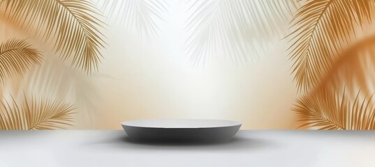 Poster - Elegant Product Display Podium Against Blurred Palms, Shadows, and a Gradient Minimalist Background