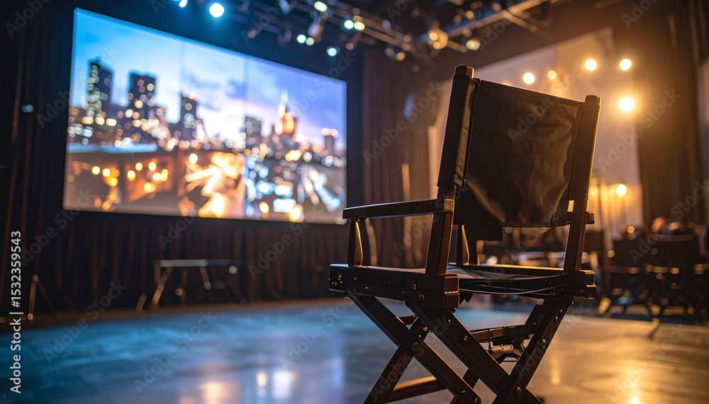 Director Chair Facing Large Screen With Blurred Film Scene In Dramatic ...