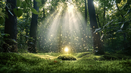 Poster - Magical forest sunlight, green moss, glowing light, sparkling particles, peaceful nature, morning woods