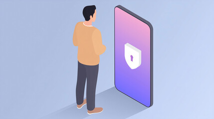 Poster - User standing before a smartphone displaying a security shield symbolizing digital protection and privacy in the modern technological landscape, security concept