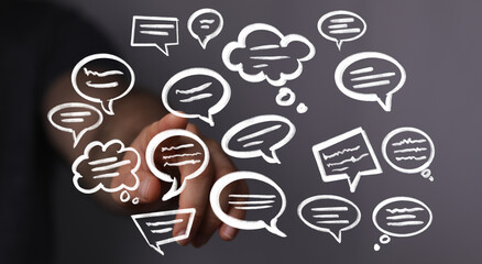 Aufkleber - Abstract image of speech bubbles and a hand, representing communication, social media, and networking.