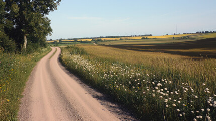 Poster - Countryside dirt road winding through green and yellow fields, wildflowers blooming, peaceful rural landscape