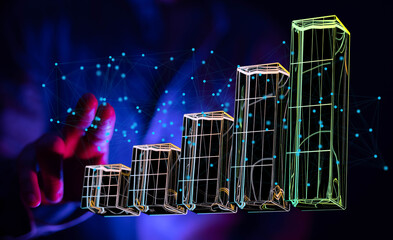 Poster - Hand interacting with a 3D bar graph showing growth.  Data visualization, business analytics, success.
