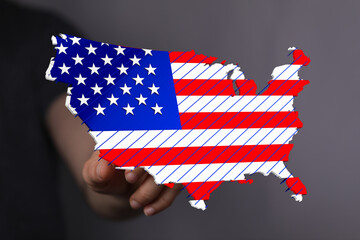 Poster - A 3D rendering of the United States map overlaid with the American flag. Perfect for Independence Day or patriotic themes.
