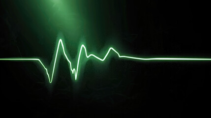 Fototapete - Green glowing heartbeat line, digital pulse wave, medical monitor, dark background, energetic and futuristic mood