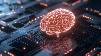 Poster - A glowing digital brain hovers over a dark circuit board, symbolizing artificial intelligence and advanced technology integration.