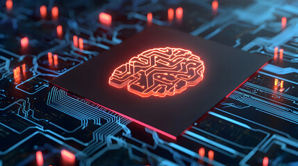 Poster - A glowing digital brain symbol on a microchip, representing artificial intelligence and advanced technology on a circuit board.