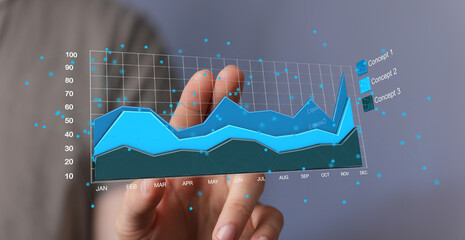 Poster - Stock photo of a person interacting with a 3D chart visualizing business growth and key concepts.