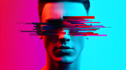 Fototapete - A digitally manipulated portrait of a man with glitch effects obscuring his eyes, blending red and blue lighting for a futuristic, cyber aesthetic.