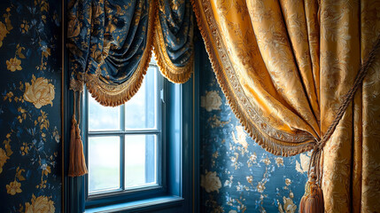 Poster - Softly lit room showcases ornate curtains and floral wallpaper, enhancing the vintage charm of beautifully framed windows