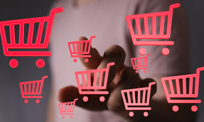 Poster - Person interacts with digital shopping carts, showcasing online shopping and e-commerce.